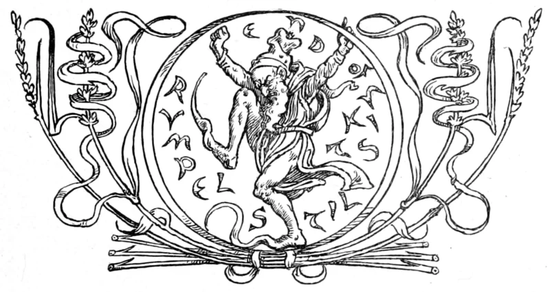 Rumpelstiltskin dancing, the letters of his name circling him, by Walter Crane (Household Stories from the Brothers Grimm, 1882)